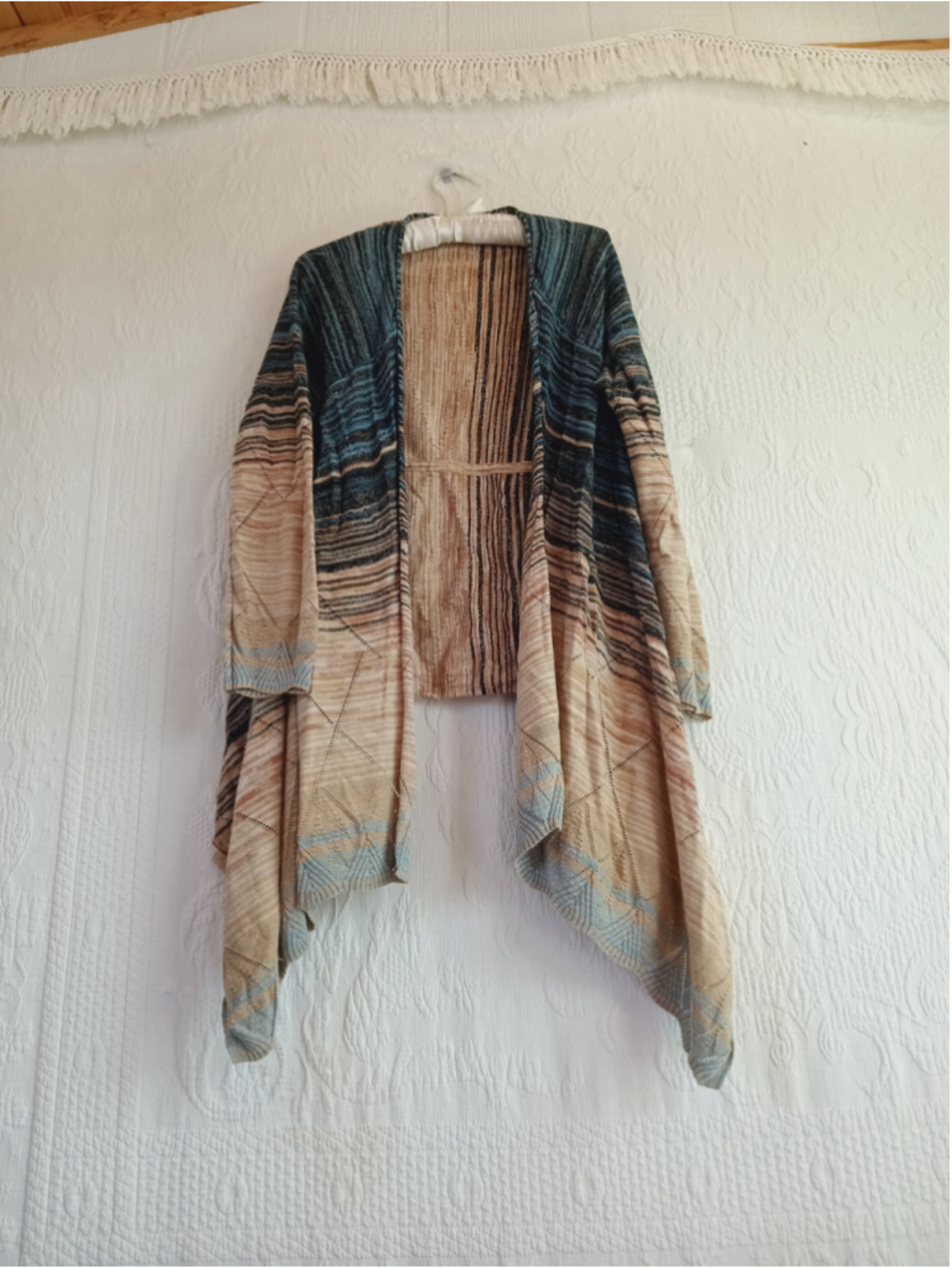 Pointelle Open Front waterfall Cardigan Beige Blue Striped knit sweater diamond - Picture 10 of 10